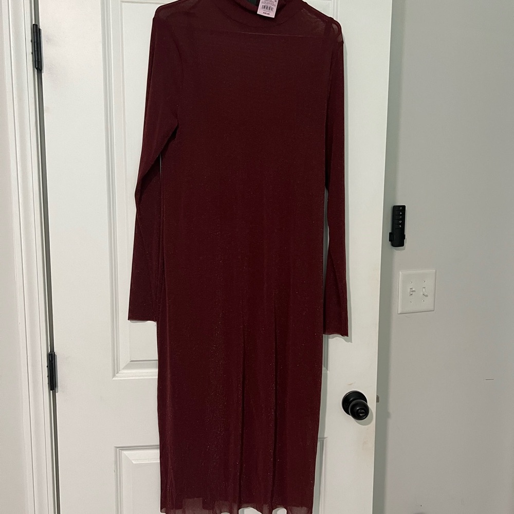 Elegant Burgundy Long Sleeve Mesh Midi Dress